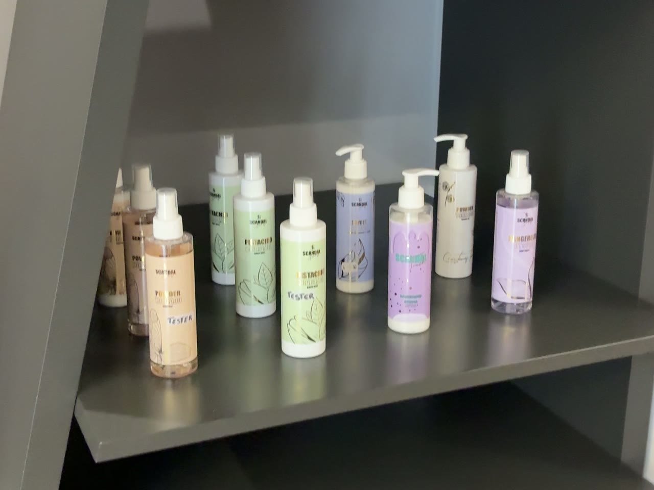 Body mists and lotions on the retail shelf at Beauty in the City
